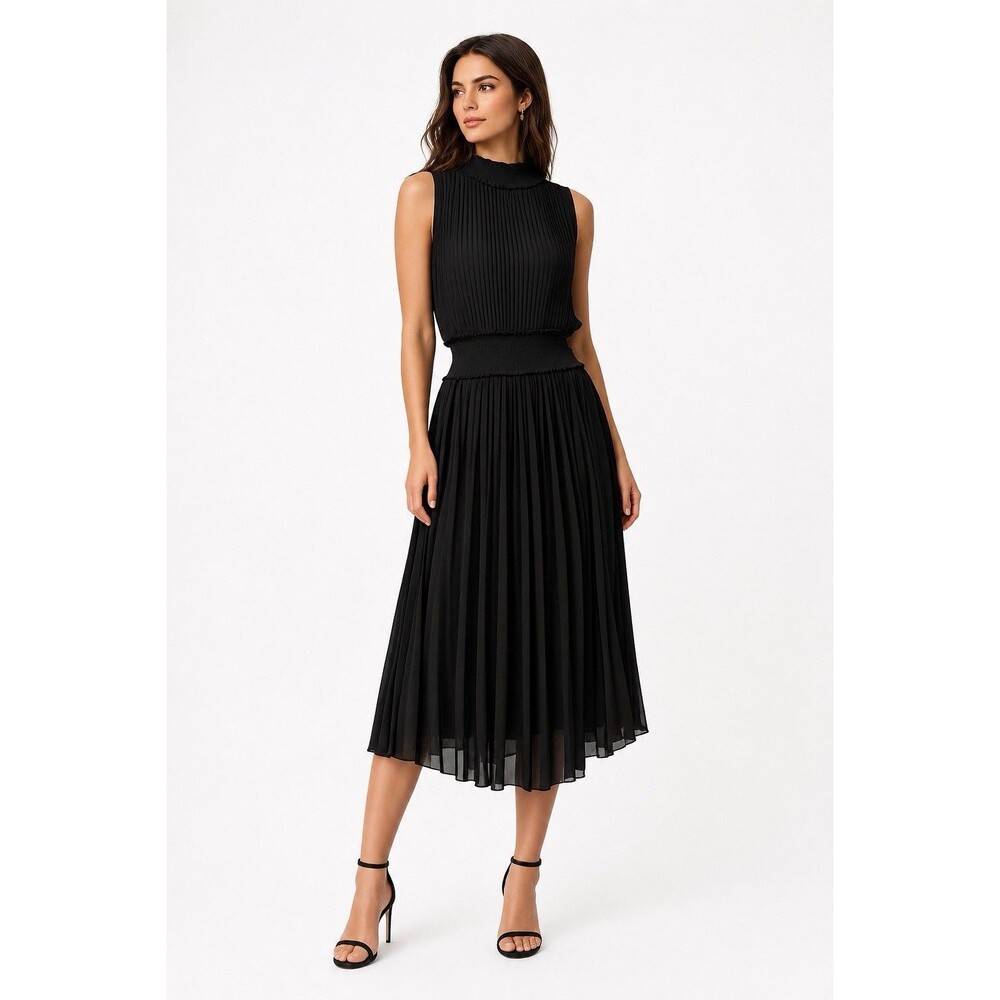 Nanette Lepore Black Pleated Midi Dress Smocked Waist Mock Neck Sleeveless 14